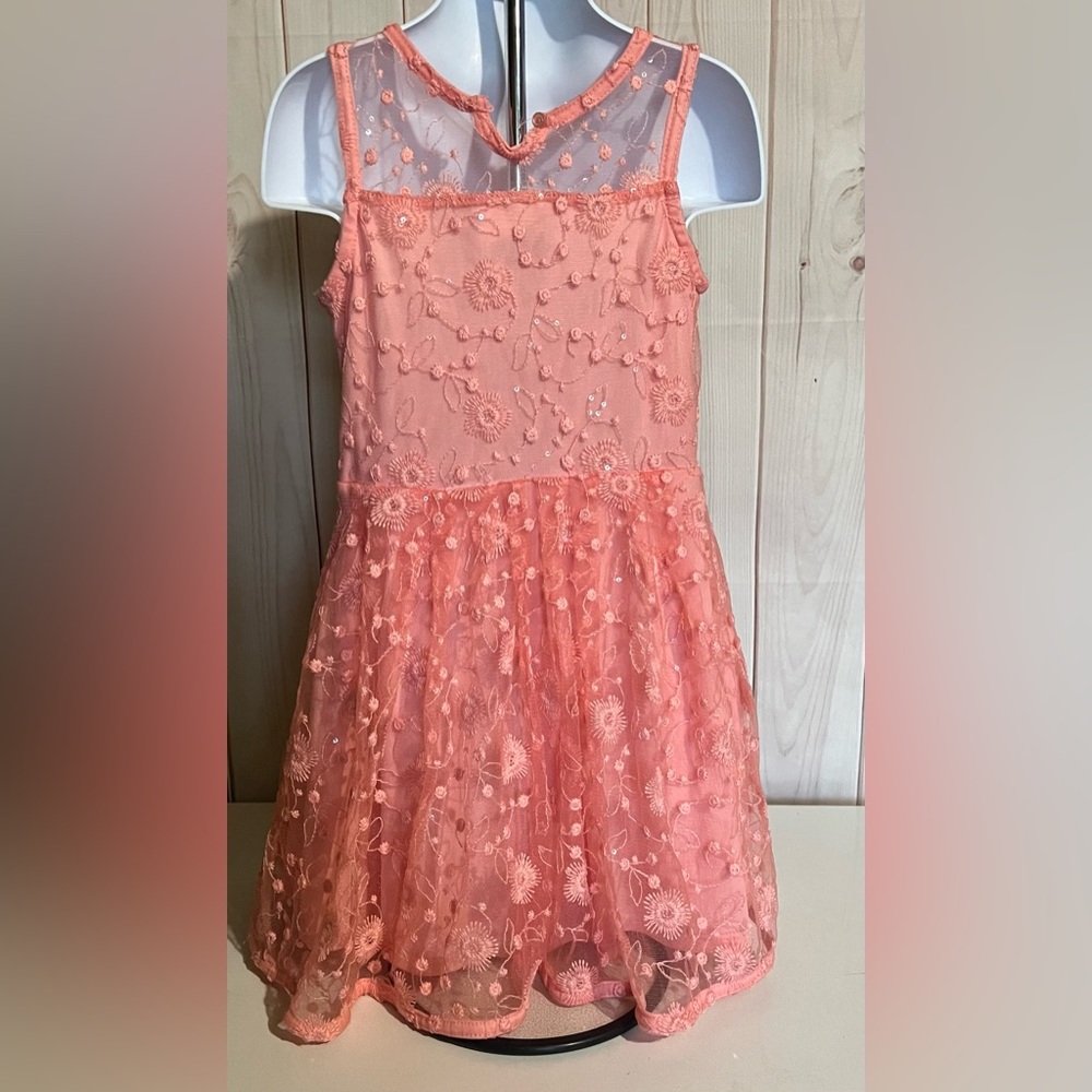 Size 6T Girls Orange Sleeveless Mesh Sequins Lacy Flowy Party Dress - Picture 11 of 16